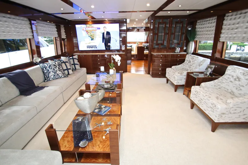 Quit Sun Yacht Photos Pics Luxurious interior of 2015 Hargrave 76 yacht with elegant seating and modern decor.