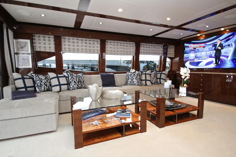Quit Sun Yacht Photos Pics Luxurious interior of 2015 Hargrave 76 yacht with elegant seating and modern decor.