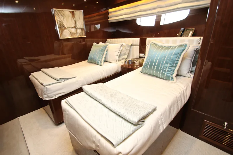 Quit Sun Yacht Photos Pics Luxurious twin cabin interior of 2015 Hargrave 76 yacht with elegant decor.