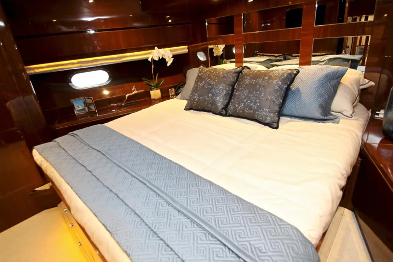 Quit Sun Yacht Photos Pics Luxurious bedroom interior of 2015 Hargrave 76 yacht with elegant bedding and decor.