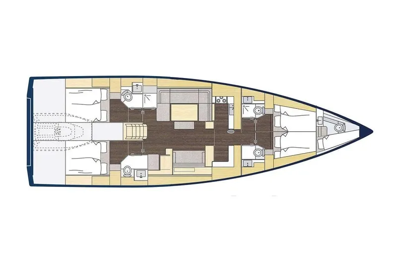  Yacht Photos Pics Floor plan of 2022 Bavaria C57 yacht, showcasing cabin layout and interior design.