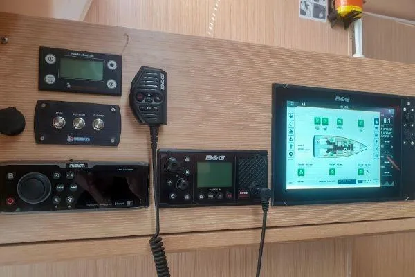  Yacht Photos Pics Control panel of a 2022 Bavaria C57 yacht with navigation and communication systems.