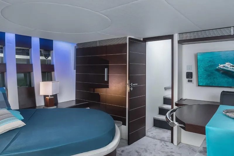  Yacht Photos Pics Luxurious interior of 2007 Azimut 68S yacht with modern decor and ambient lighting.