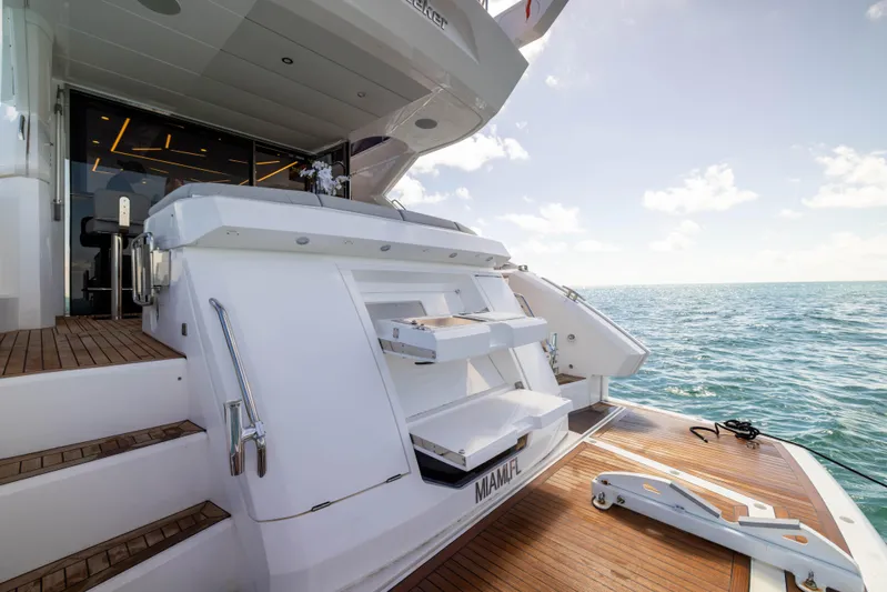 Dreams Yacht Photos Pics Sunseeker Manhattan 55 yacht, 2021 model, rear view with ocean backdrop.