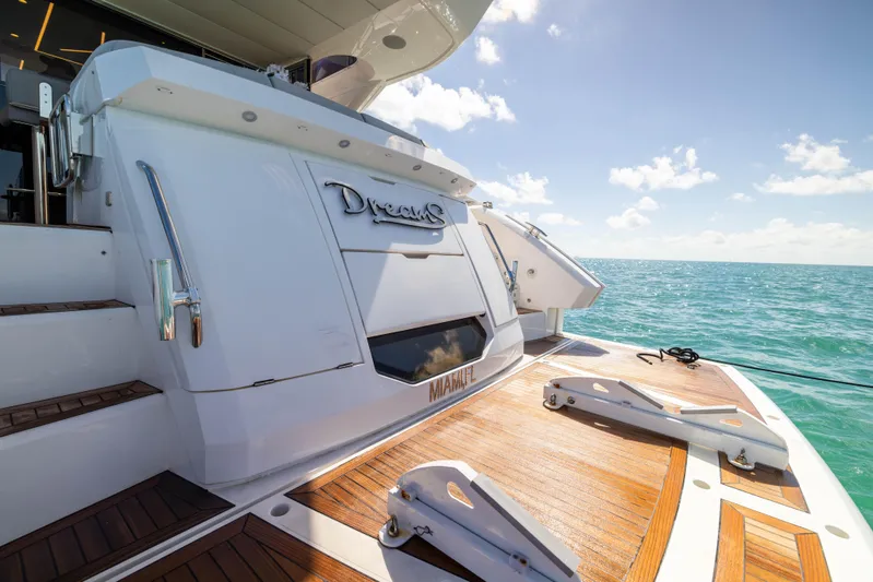 Dreams Yacht Photos Pics Sunseeker Manhattan 55 yacht, 2021 model, docked on a sunny day with ocean view.