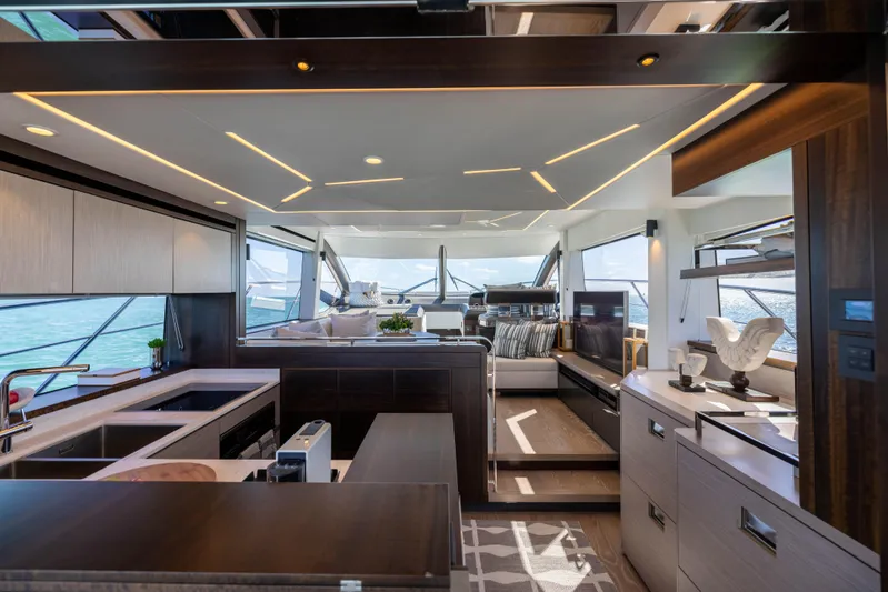 Dreams Yacht Photos Pics Luxurious interior of 2021 Sunseeker Manhattan 55 yacht with modern design and ocean view.