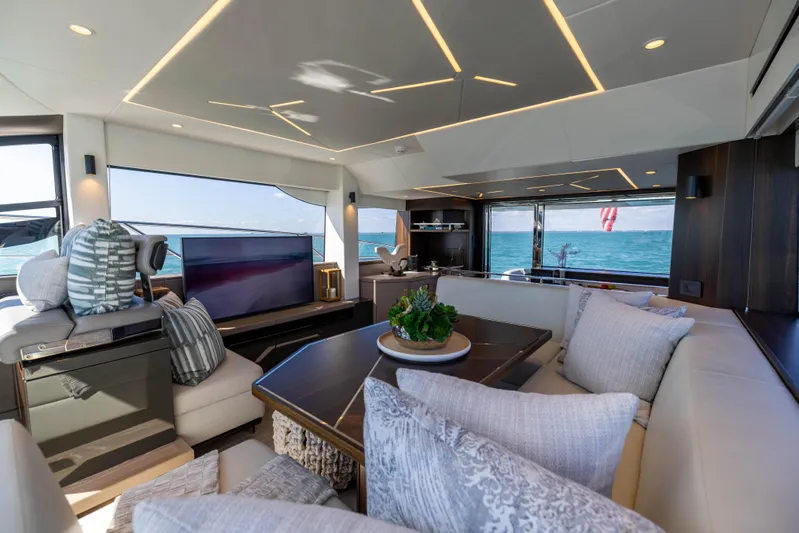 Dreams Yacht Photos Pics Luxurious interior of 2021 Sunseeker Manhattan 55 yacht with ocean view.