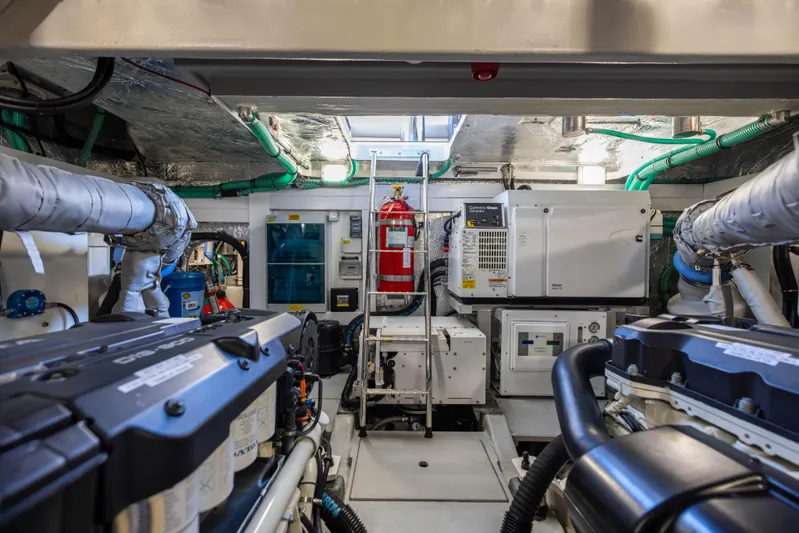 Dreams Yacht Photos Pics Engine room of 2021 Sunseeker Manhattan 55 yacht, featuring advanced machinery and equipment.