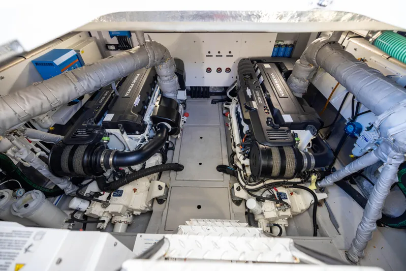Dreams Yacht Photos Pics Engine room of 2021 Sunseeker Manhattan 55 yacht, featuring dual powerful engines.