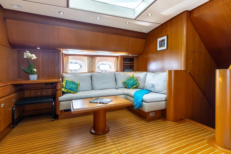 La Joie De Mer Yacht Photos Pics Luxurious interior of 2005 Jongert 2900M yacht with cozy seating and wooden finishes.