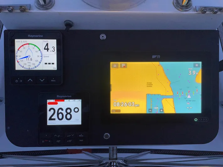 Abra Cadabra Yacht Photos Pics Navigation instruments on a 2004 Beneteau Oceanis 423 sailboat, displaying depth, speed, and course.