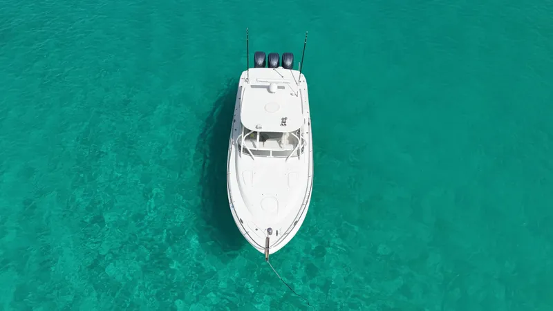  Yacht Photos Pics 2009 Hydra-Sports 3500 VX boat on clear turquoise water, aerial view.