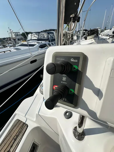 "orion" Yacht Photos Pics Control panel on a 2012 Hunter 45 Deck Salon sailboat, docked in a marina.