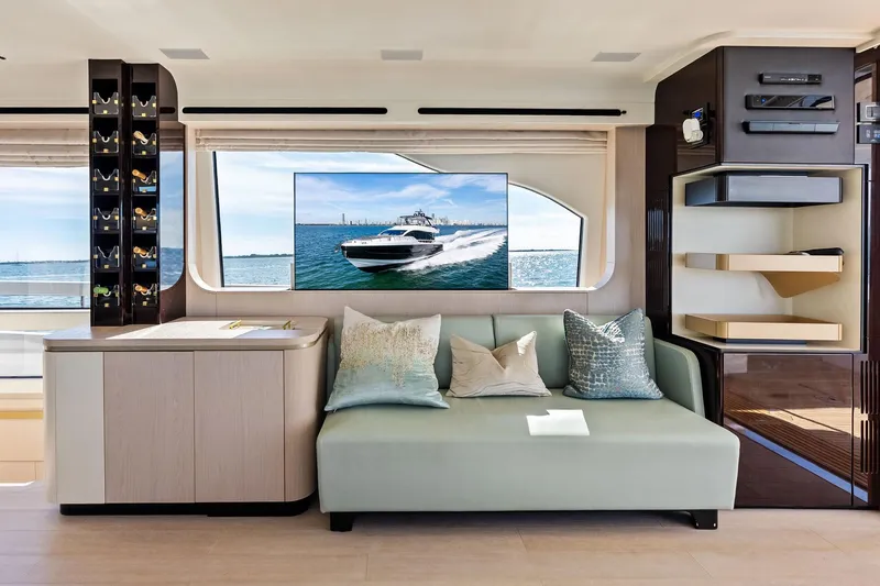  Yacht Photos Pics Luxurious interior of 2021 Azimut Fly 78 yacht with modern decor and ocean view.