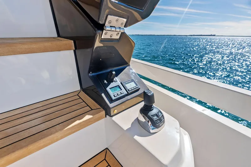  Yacht Photos Pics Control panel on 2021 Azimut Fly 78 yacht, overlooking the ocean.