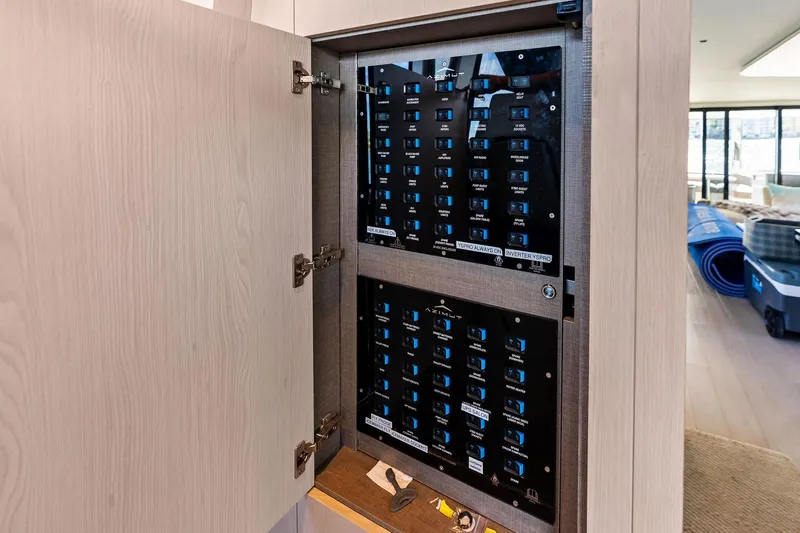 Yacht Photos Pics Electrical panel inside 2021 Azimut Fly 78 yacht, showcasing control systems.