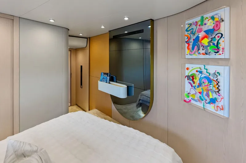  Yacht Photos Pics Luxurious interior of 2021 Azimut Fly 78 yacht with modern art and elegant decor.