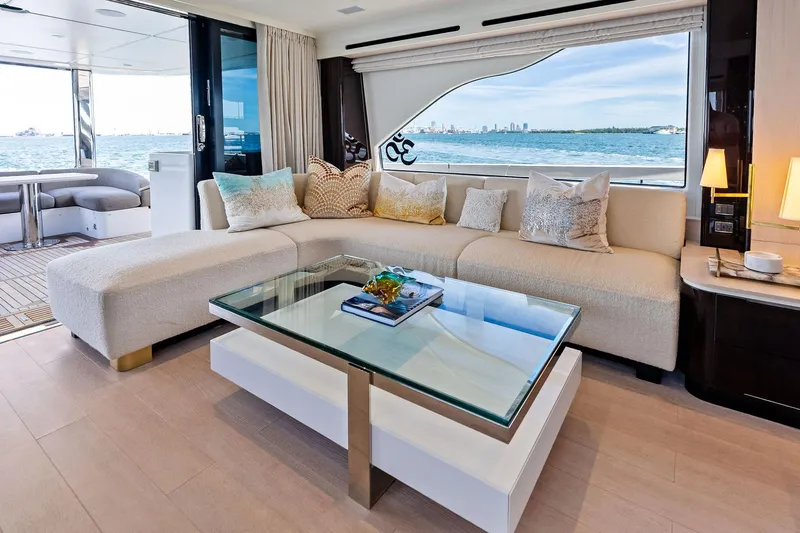 Yacht Photos Pics Luxurious interior of 2021 Azimut Fly 78 yacht with elegant seating and ocean view.