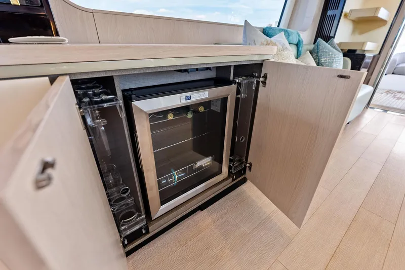  Yacht Photos Pics Luxury interior of 2021 Azimut Fly 78 yacht with built-in wine cooler.