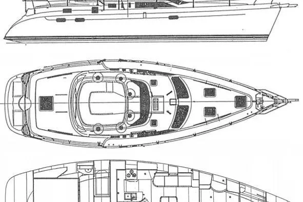  Yacht Photos Pics Blueprint of 2000 Hunter 45 Center Cockpit sailboat, showing side, top, and interior views.