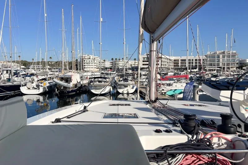Just Wonder Yacht Photos Pics Marina view from 2024 Cervetti 44 yacht, surrounded by sailboats and clear blue sky.