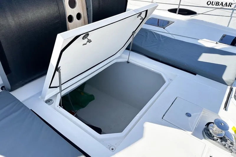 Just Wonder Yacht Photos Pics Open storage compartment on 2024 Cervetti 44 yacht deck, featuring sleek design and modern amenities.