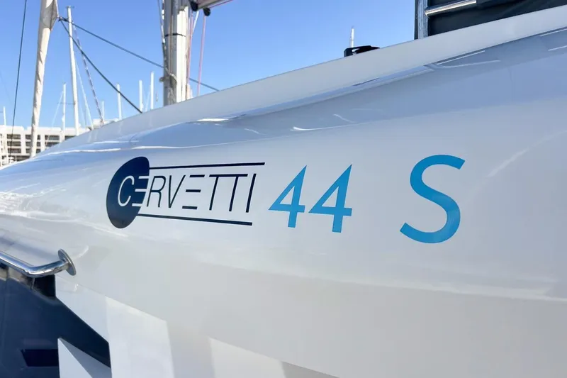 Just Wonder Yacht Photos Pics 2024 Cervetti 44 S yacht, sleek design with logo and model number visible.
