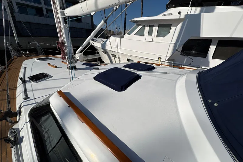 Ganymede Yacht Photos Pics Sailboat deck view of 2001 North Wind 56, featuring sleek design and modern fittings.