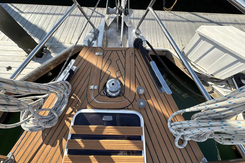 Ganymede Yacht Photos Pics Deck of 2001 North Wind 56 sailboat with ropes and winch at dock.