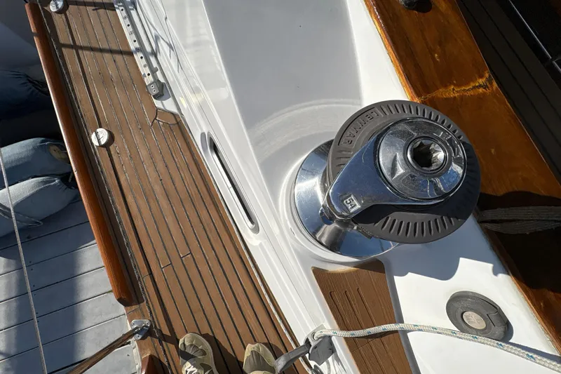 Ganymede Yacht Photos Pics Deck of 2001 North Wind 56 yacht with winch and wooden details.