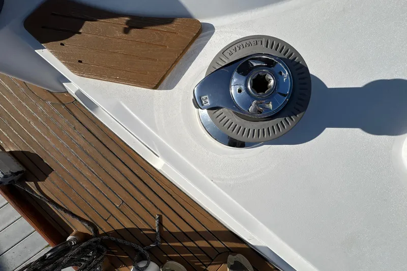 Ganymede Yacht Photos Pics Deck of 2001 North Wind 56 yacht with Lewmar winch and wooden accents.