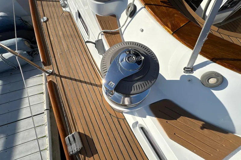 Ganymede Yacht Photos Pics Deck of 2001 North Wind 56 yacht with winch and wooden finish.