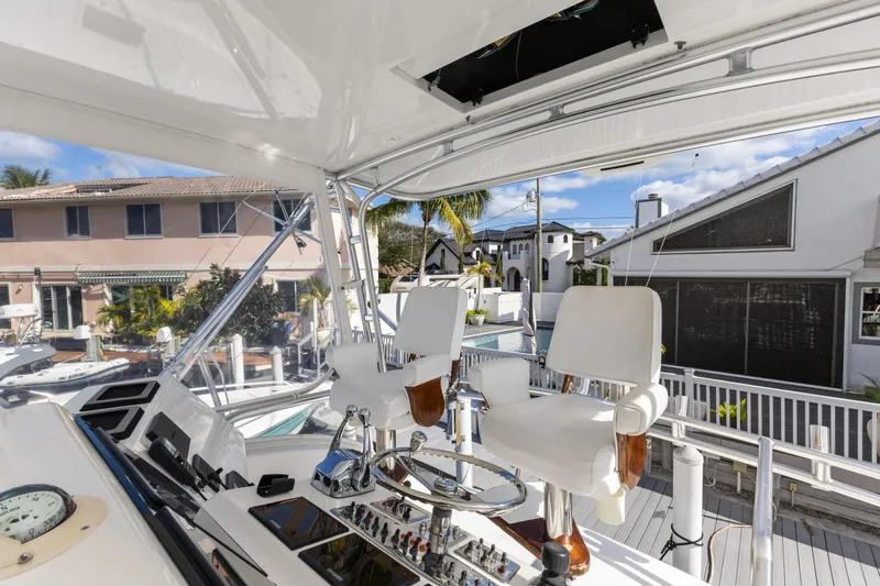 Well Played Yacht Photos Pics Flybridge of 2011 Cabo 40 yacht with helm chairs and control panel.