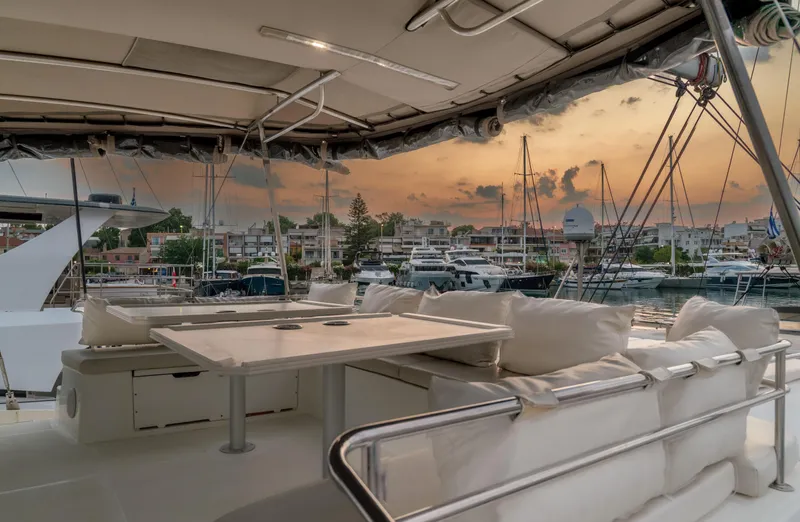 Cinders Yacht Photos Pics Luxurious Bali 5.4 yacht interior with sunset marina view, 2020 model.