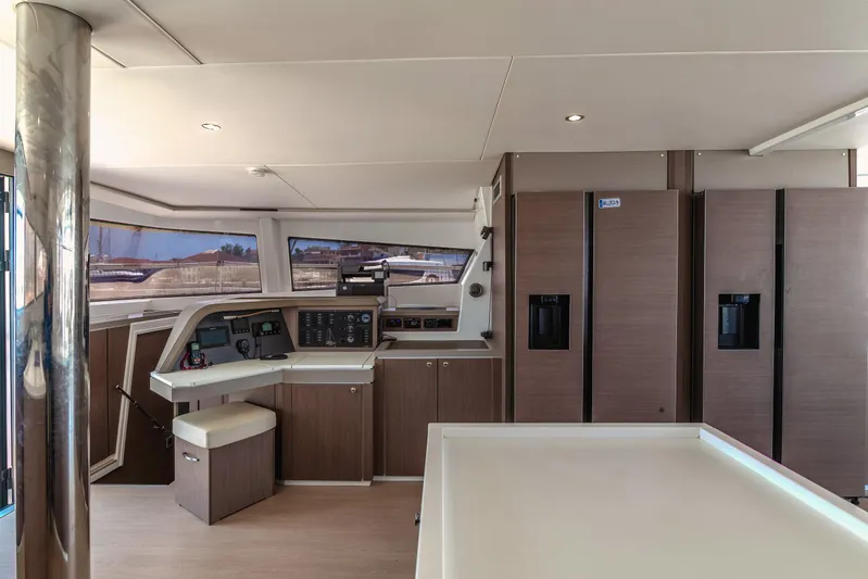 Cinders Yacht Photos Pics Modern interior of 2020 Bali 5.4 yacht with navigation station and appliances.