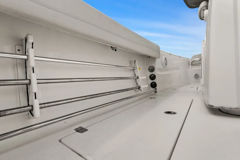  Yacht Photos Pics Interior view of a 2019 Cobia 301 Center Console boat.