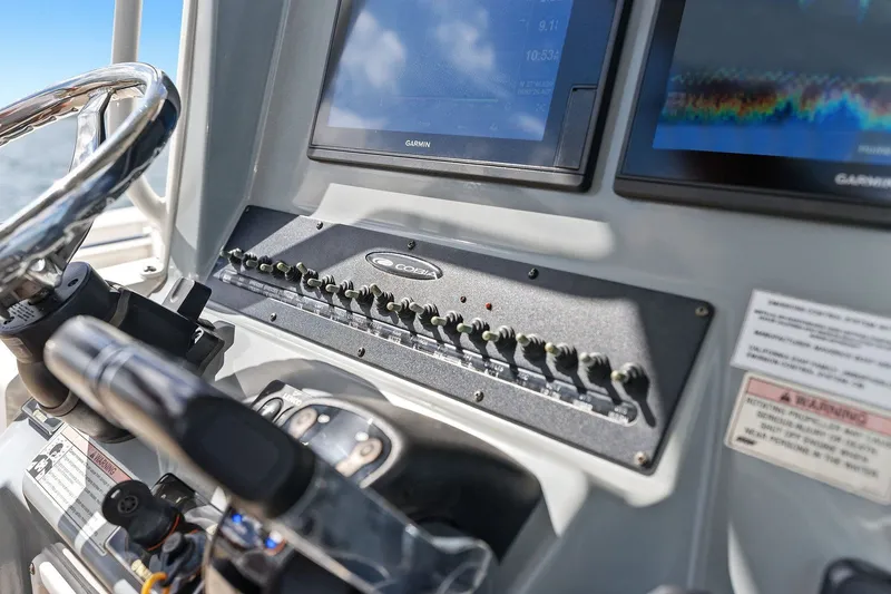  Yacht Photos Pics Cobia 301 Center Console 2019 dashboard with Garmin displays.