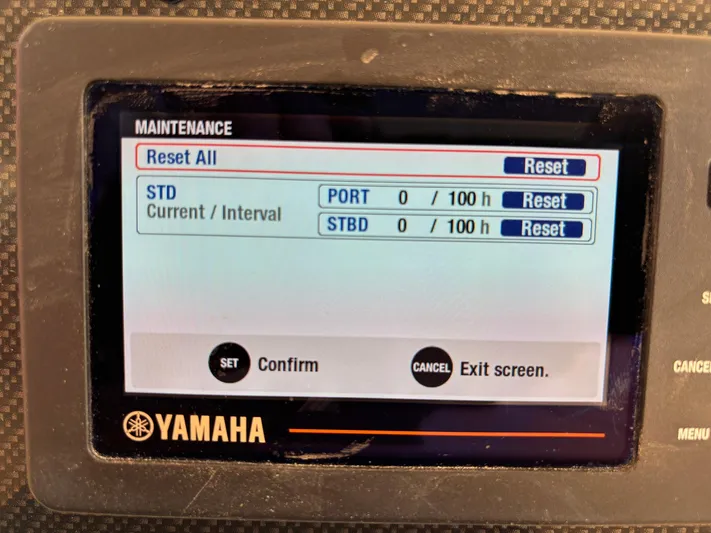 H Lady Frances Yacht Photos Pics Yamaha maintenance screen on 2011 Grady-White Canyon 336 boat, showing reset options.