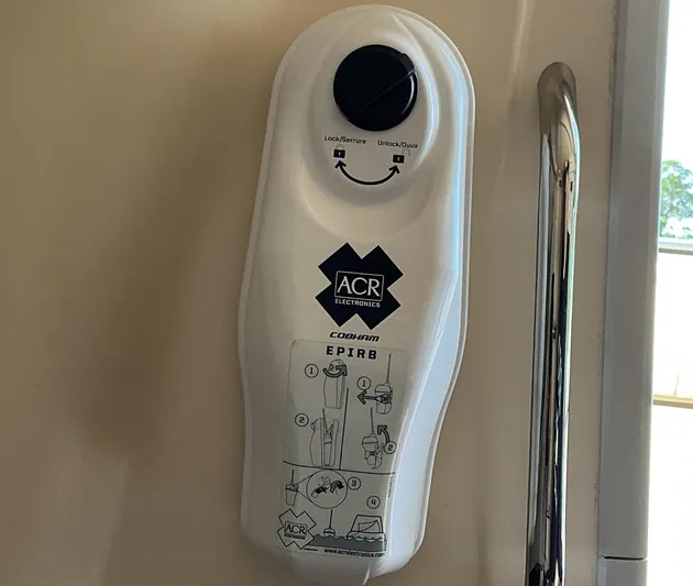 H Lady Frances Yacht Photos Pics EPIRB device on 2011 Grady-White Canyon 336 boat, featuring ACR Electronics branding.