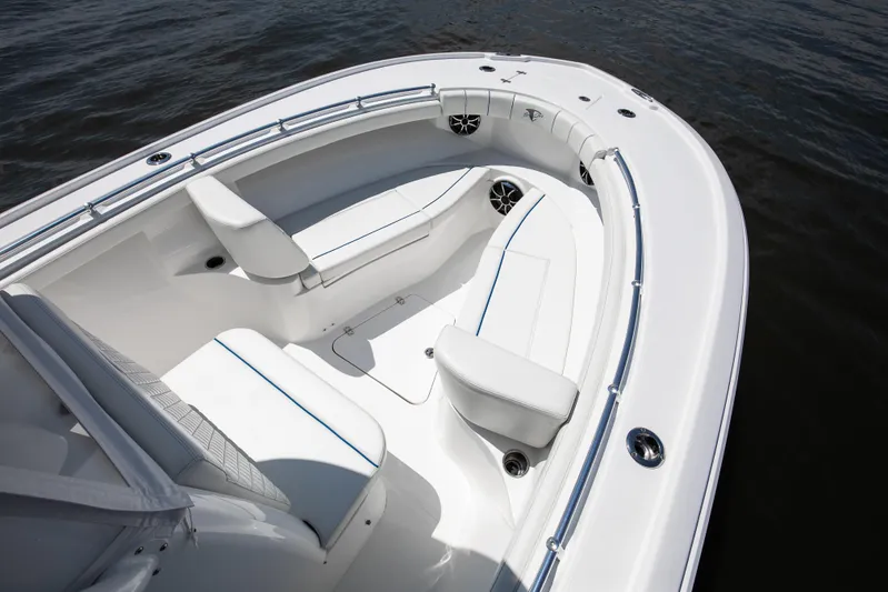  Yacht Photos Pics 2025 Buddy Davis 28 Center Console boat interior with white seating and sleek design.