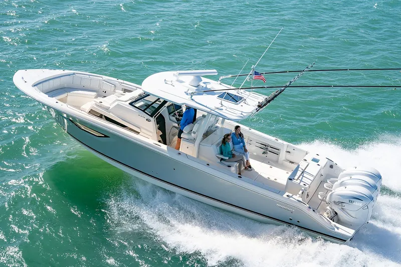  Yacht Photos Pics Manufacturer Provided Image: 2021 Pursuit S 378 Sport boat cruising on open water.