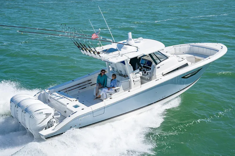  Yacht Photos Pics Manufacturer Provided Image: 2021 Pursuit S 378 Sport boat cruising on the ocean.