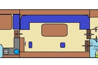 Floor plan of a 2002 Custom Belter 1240 boat, featuring living and bathroom areas.