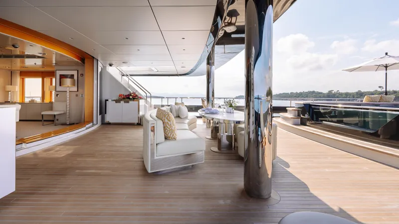 Loon Yacht Photos Pics Luxurious deck of 2010 Icon Full Displacement Motoryacht with modern seating and ocean view.