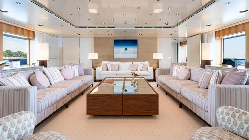 Loon Yacht Photos Pics Luxurious interior of 2010 Icon Full Displacement Motoryacht with elegant seating and modern decor.