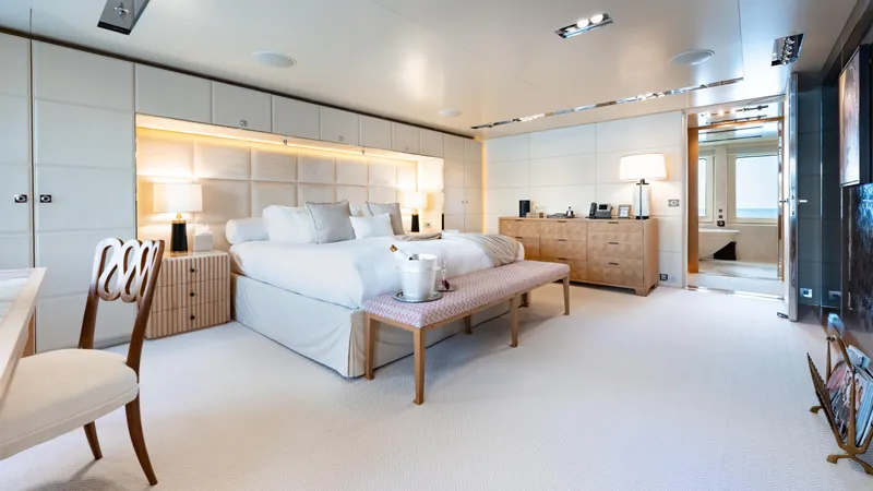 Loon Yacht Photos Pics Luxurious bedroom interior of 2010 Icon Full Displacement Motoryacht with modern furnishings.