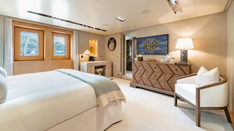 Loon Yacht Photos Pics Luxurious bedroom on a 2010 Icon Full Displacement Motoryacht with modern decor.