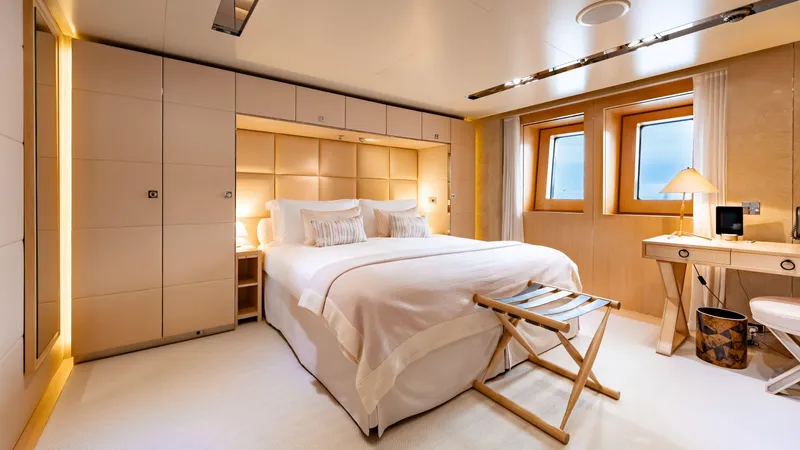 Loon Yacht Photos Pics Luxurious bedroom on a 2010 Icon Full Displacement Motoryacht with modern decor.