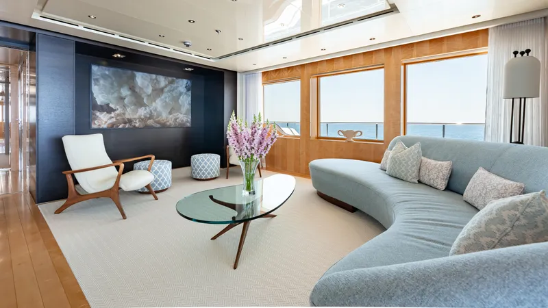 Loon Yacht Photos Pics Luxurious interior of 2010 Icon Full Displacement Motoryacht with modern furnishings and ocean view.