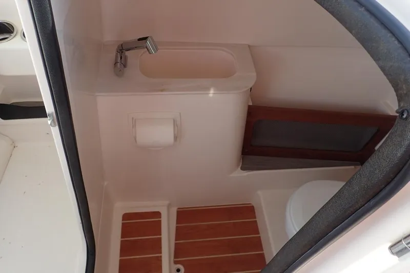  Yacht Photos Pics 2021 Grady-White Freedom 285 boat interior with compact bathroom amenities.